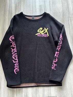 Black 'Sex Records' Logo Knit Sweater with Pink Sleeve Script (LARGE)